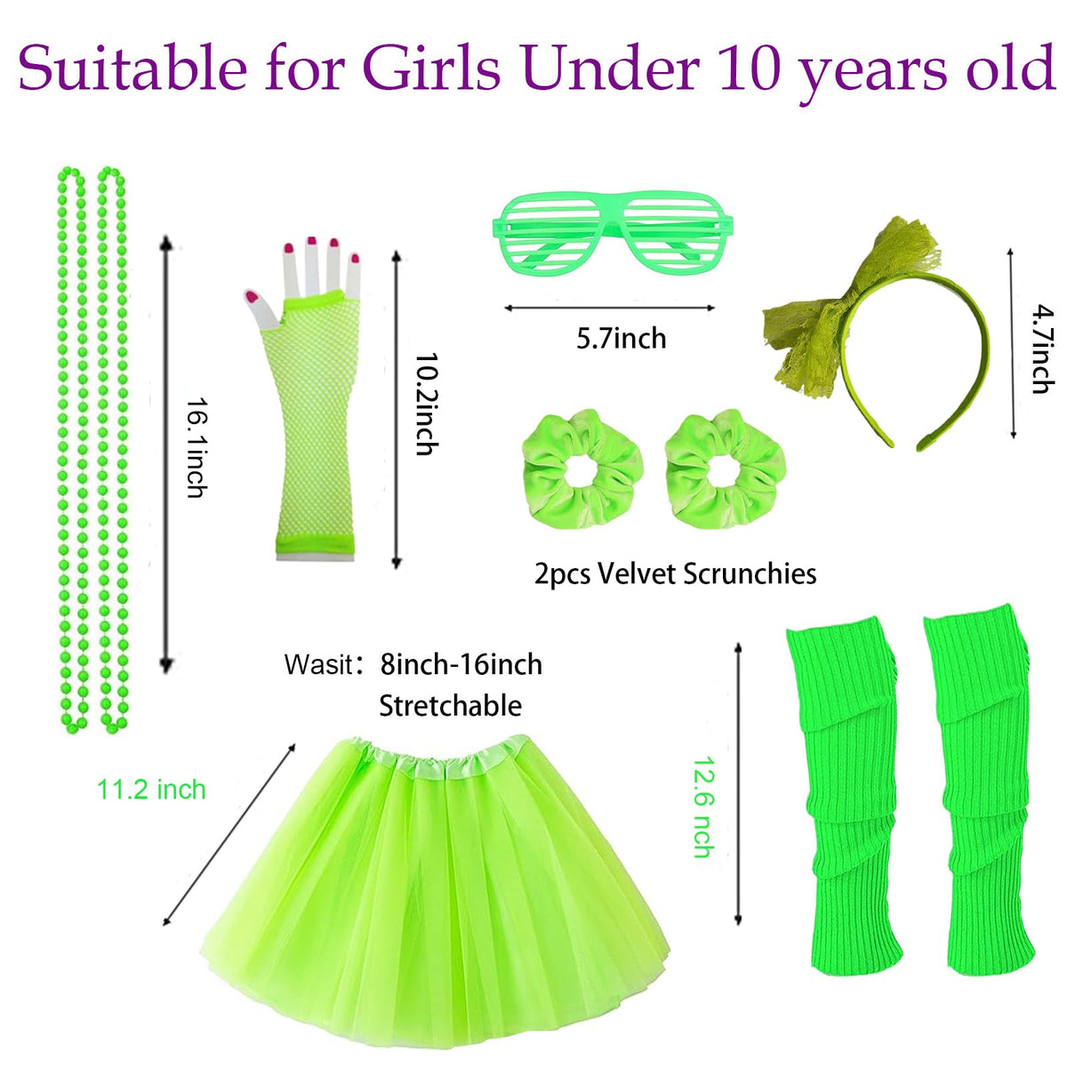 Joizomou Girls 80s Costume Set – 7pc Neon Tutu & Accessories for Cosplay