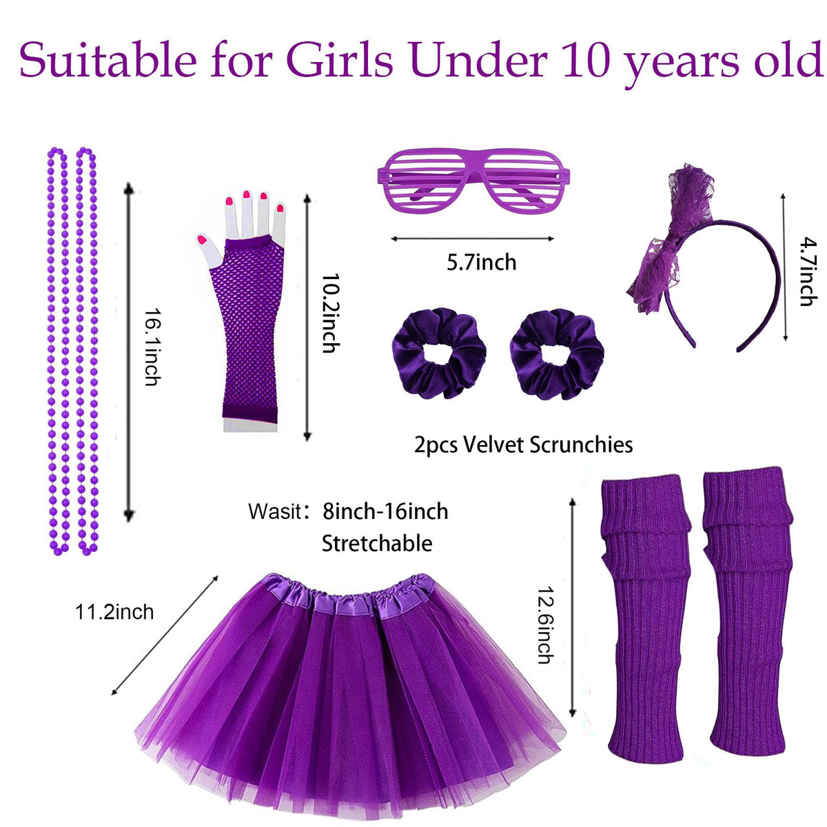 Joizomou Girls 80s Costume Accessories – 7-Piece Neon Tutu & Retro Party Set