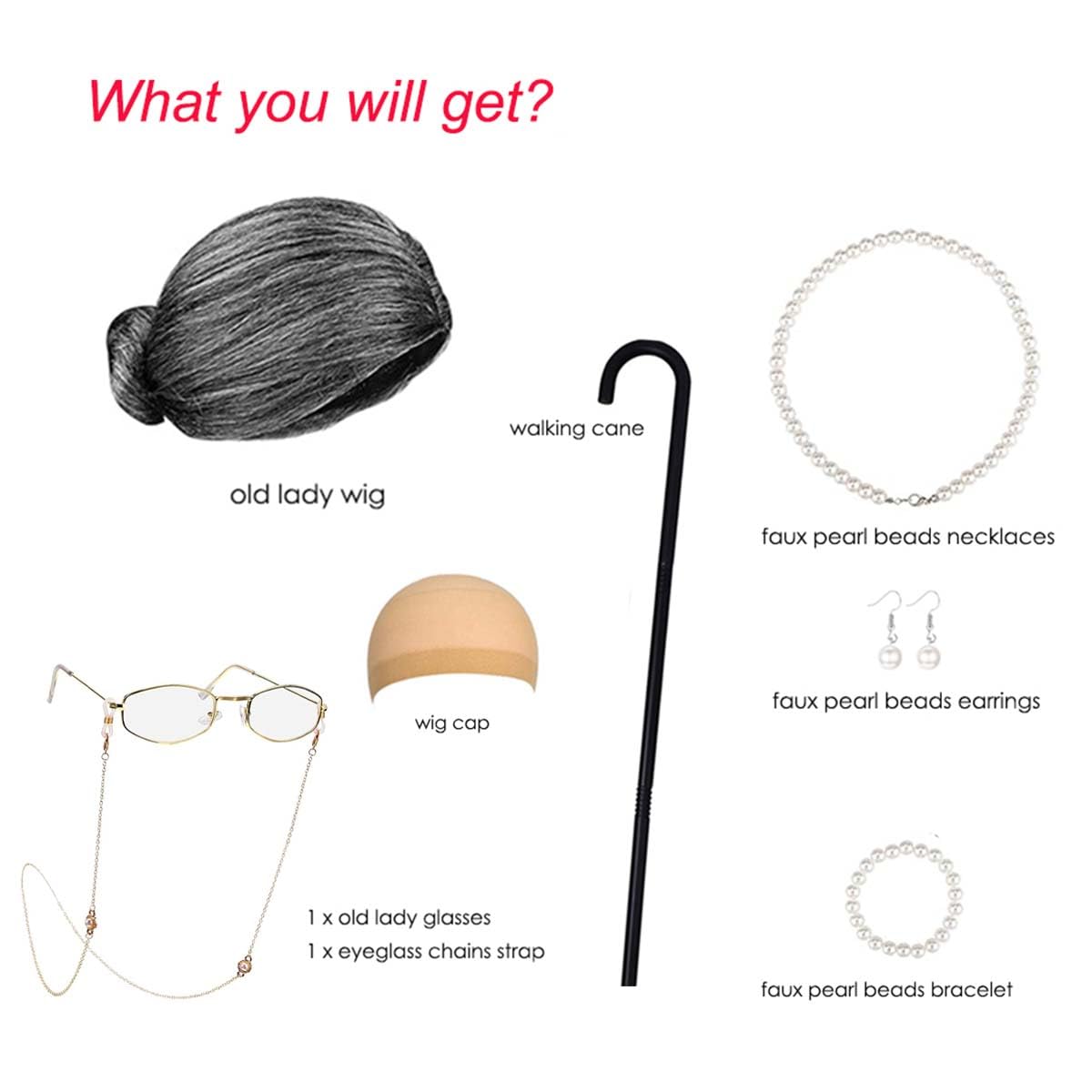 Joizomou Old Lady Costume Set — Grandma Wig & Accessories for Halloween