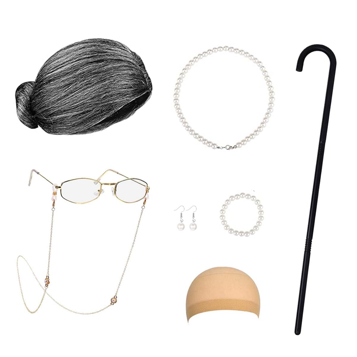Joizomou Old Lady Costume Set — Grandma Wig & Accessories for Halloween