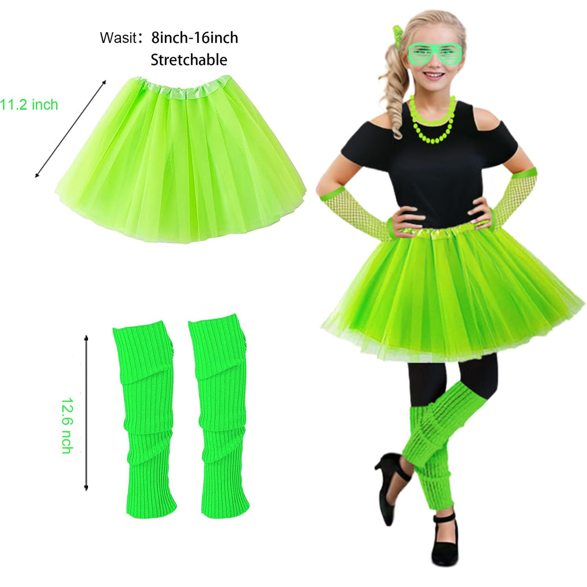 Joizomou Girls 80s Costume Set – 7pc Neon Tutu & Accessories for Cosplay
