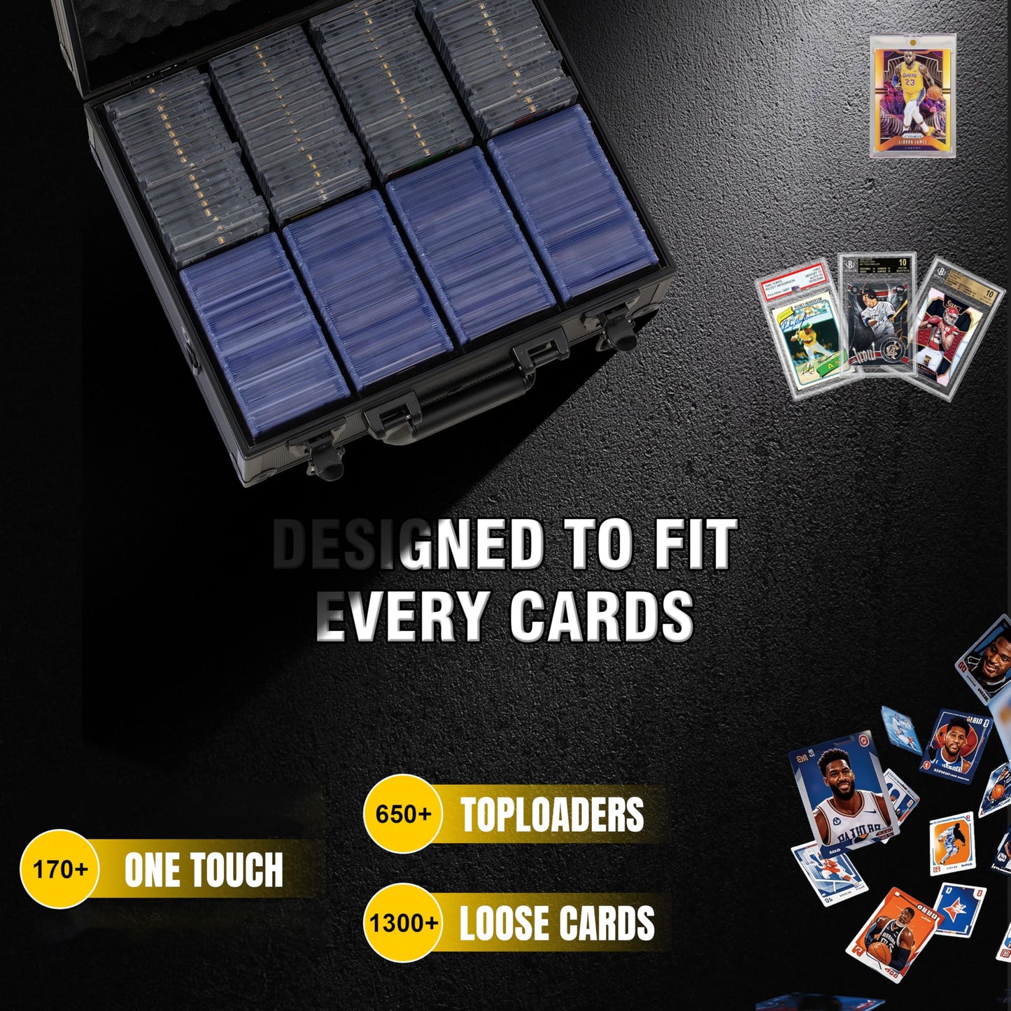 JOJOUP Toploader Box – 650+ Top Loaders, Lockable Aluminum Card Case (Black)