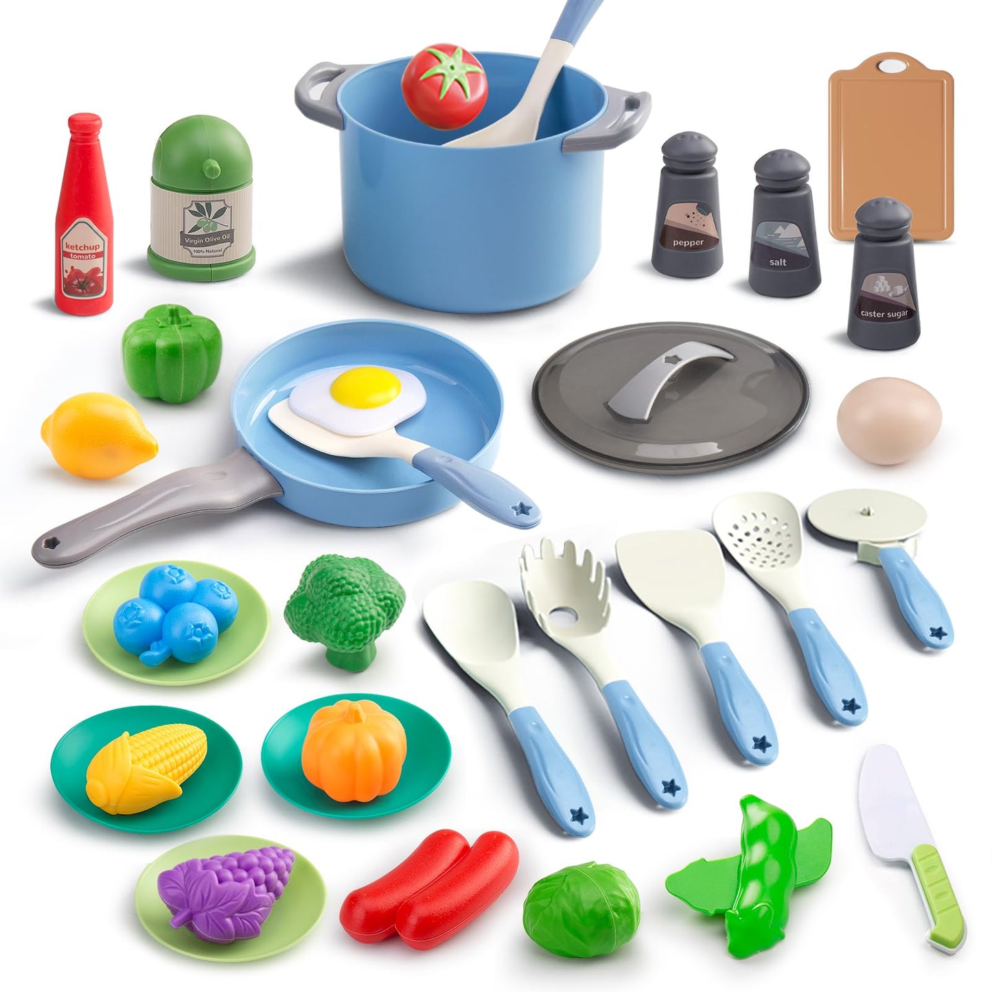 JOKERKING 35-Piece Kids Kitchen Toy Set — Pretend Play Pots, Pans, Utensils & Food (Blue)