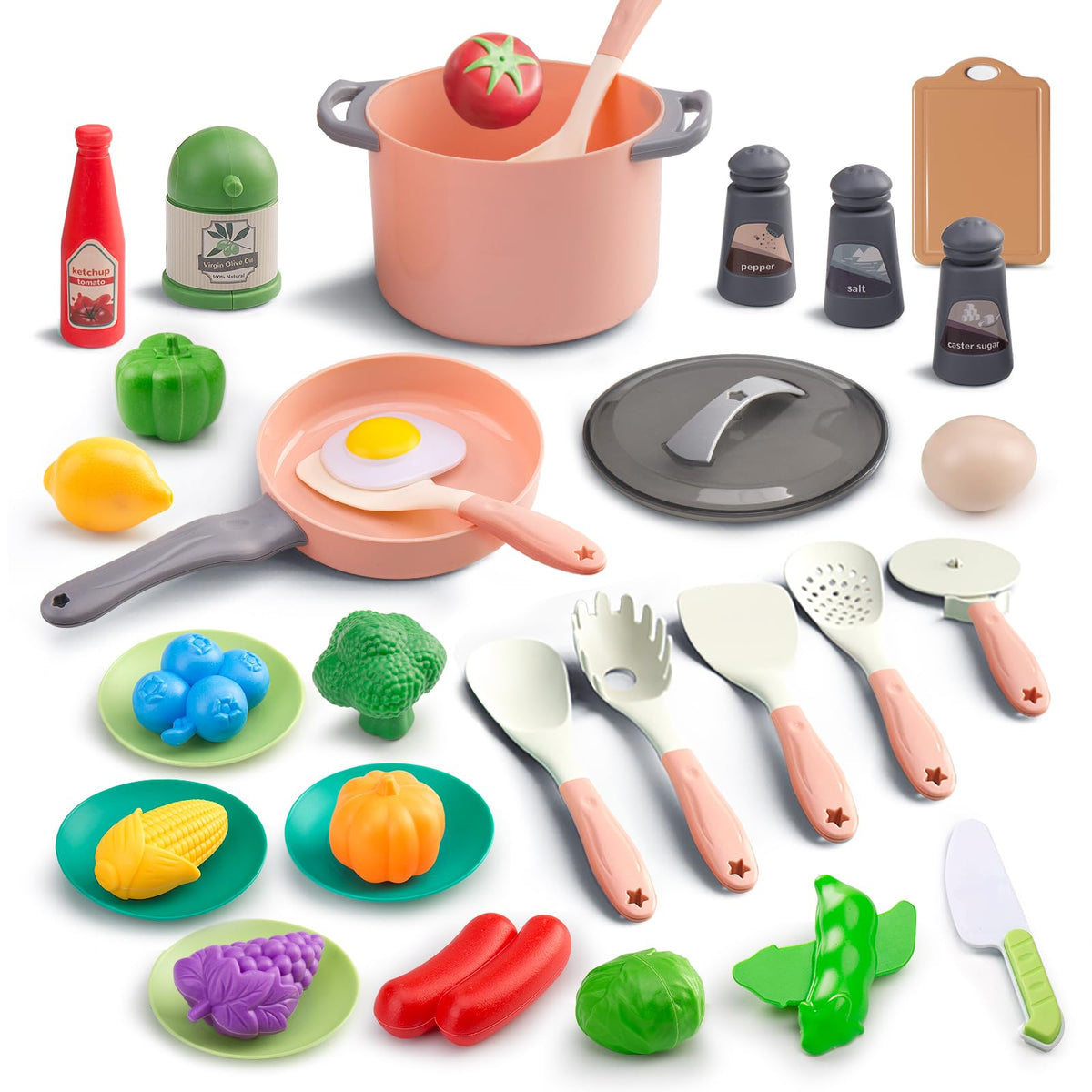 JokerKing 35-Piece Kids Kitchen Toy Set – Pink Pots, Pans & Utensils