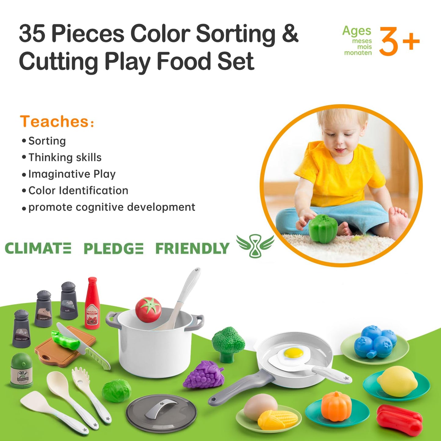 JOKERKING 35-Piece Kids Kitchen Toy Set (White) | Pretend Play Pots, Pans & Food