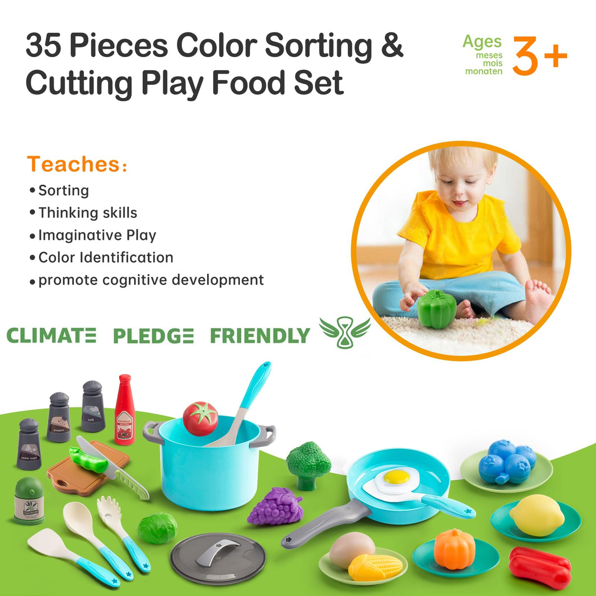 JOKERKING 35Pcs Kids Kitchen Toy Set Turquoise – Pretend Play Pots, Pans, Utensils & Food