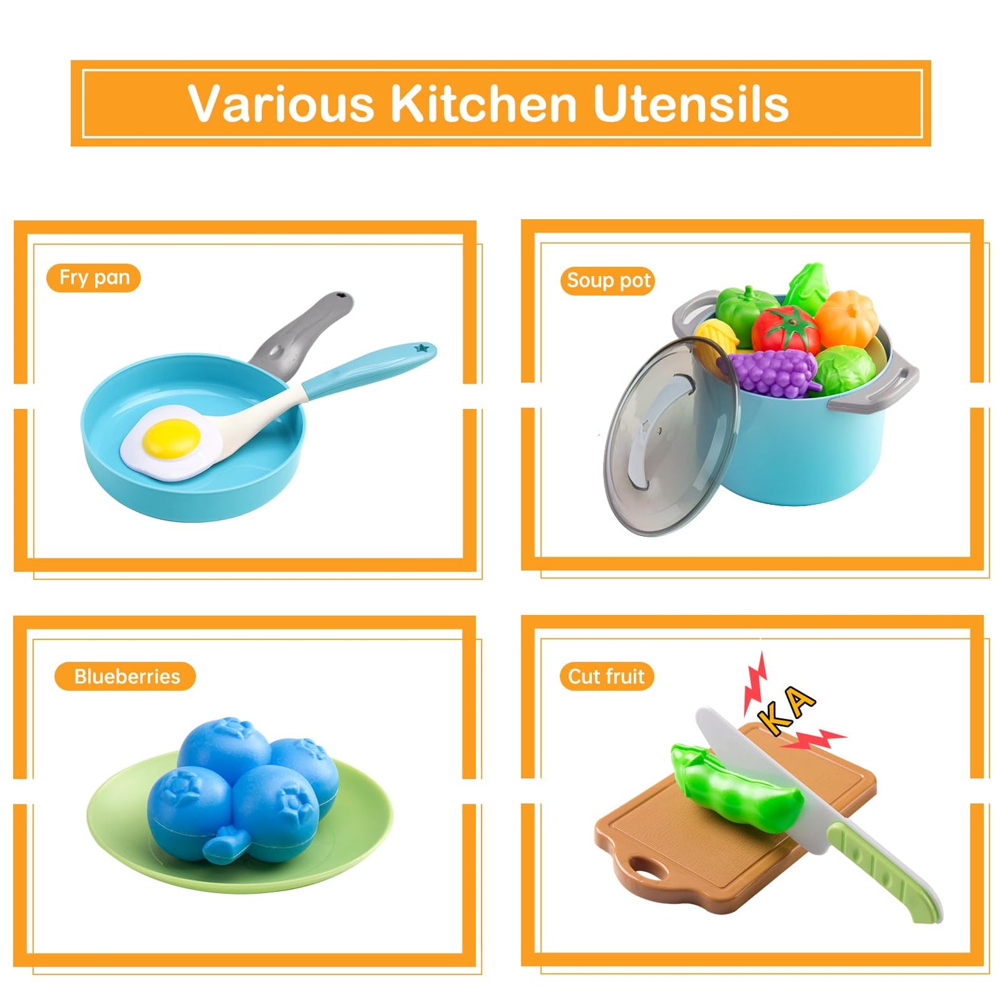 JOKERKING 35Pcs Kids Kitchen Toy Set Turquoise – Pretend Play Pots, Pans, Utensils & Food