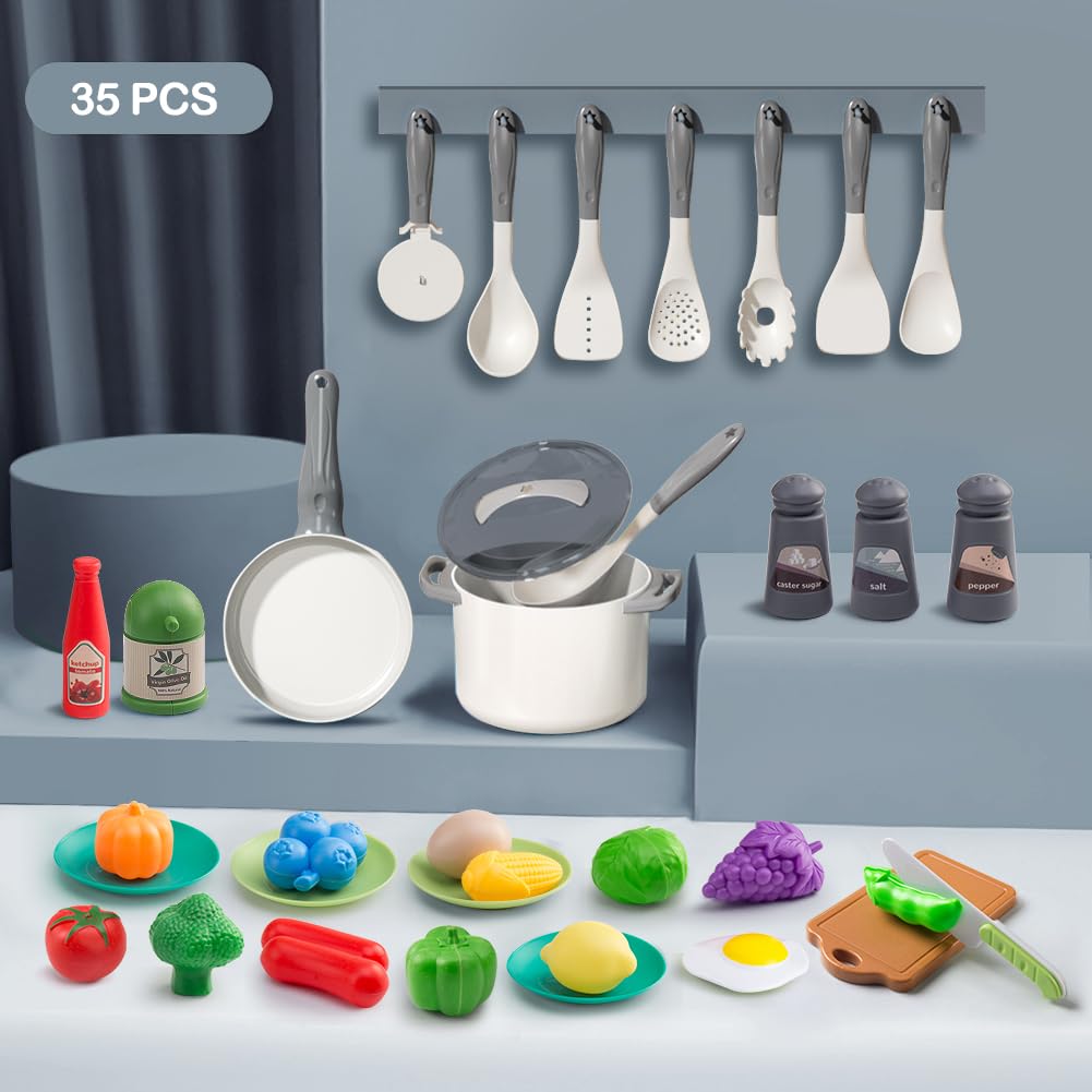 JOKERKING 35-Piece Kids Kitchen Toy Set (White) | Pretend Play Pots, Pans & Food