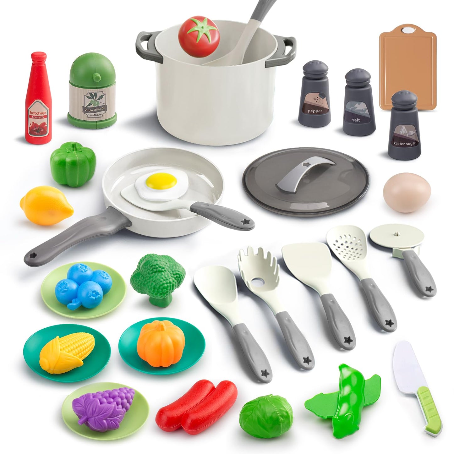JOKERKING 35-Piece Kids Kitchen Toy Set (White) | Pretend Play Pots, Pans & Food
