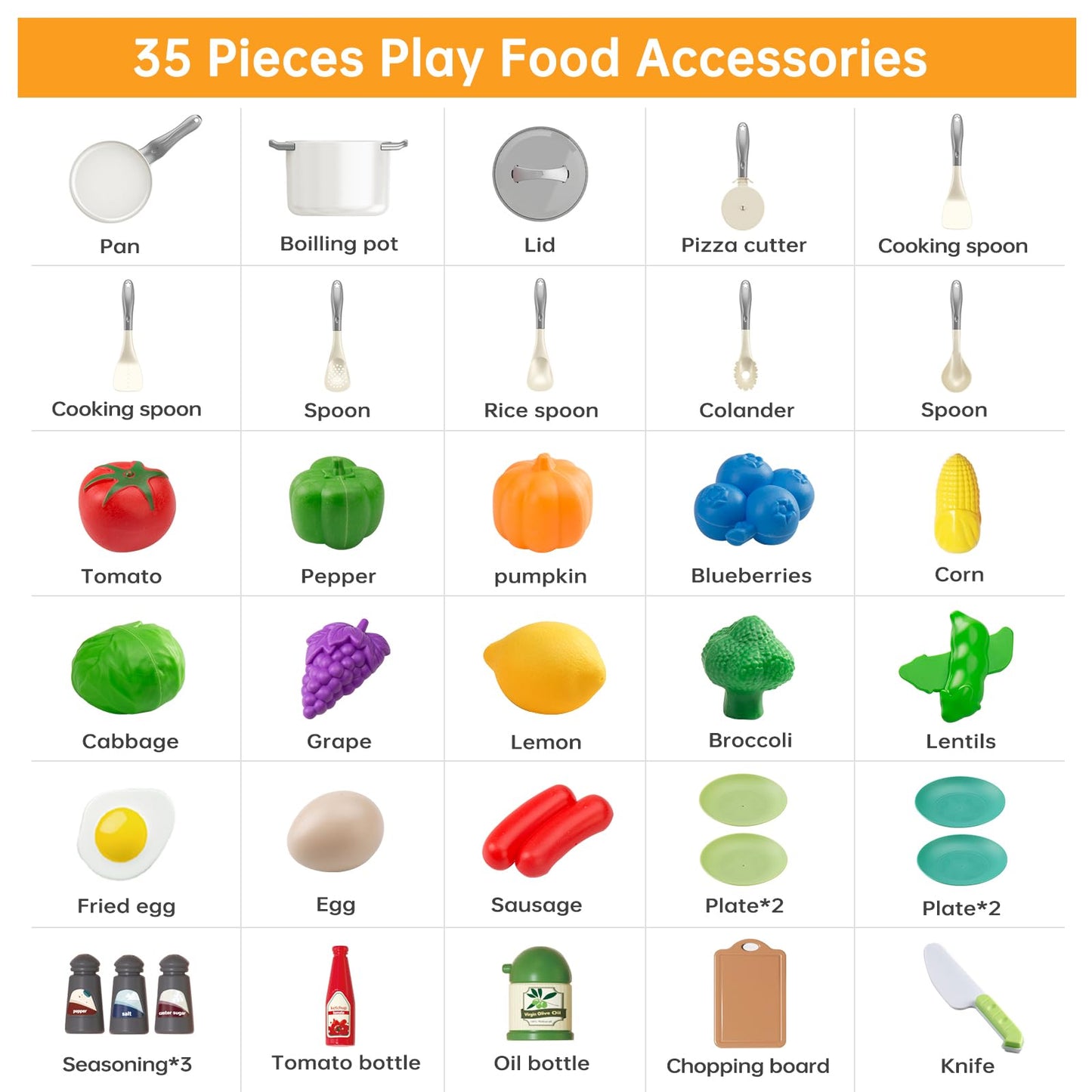 JOKERKING 35-Piece Kids Kitchen Toy Set (White) | Pretend Play Pots, Pans & Food