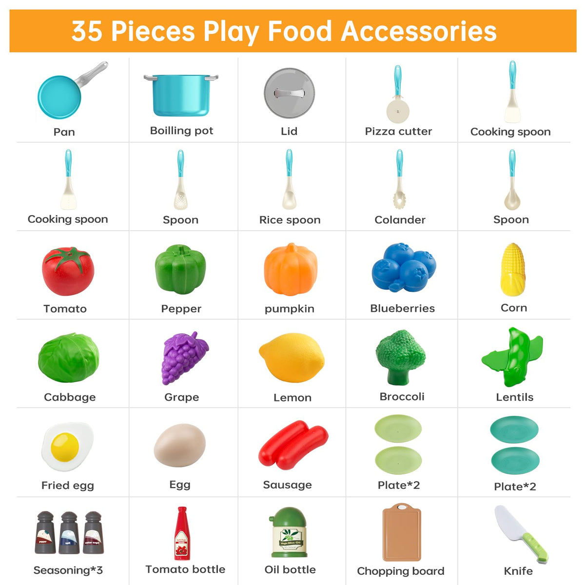 JOKERKING 35Pcs Kids Kitchen Toy Set Turquoise – Pretend Play Pots, Pans, Utensils & Food