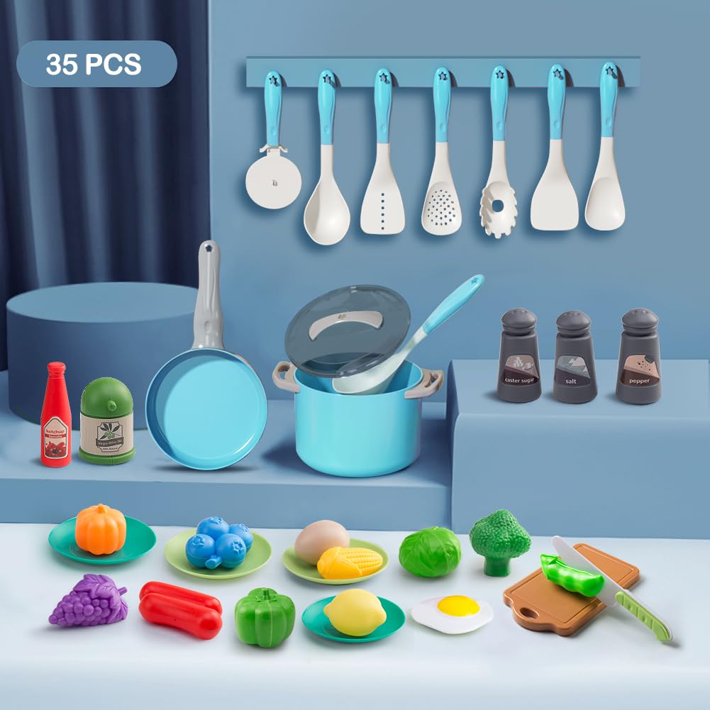 JOKERKING 35Pcs Kids Kitchen Toy Set Turquoise – Pretend Play Pots, Pans, Utensils & Food