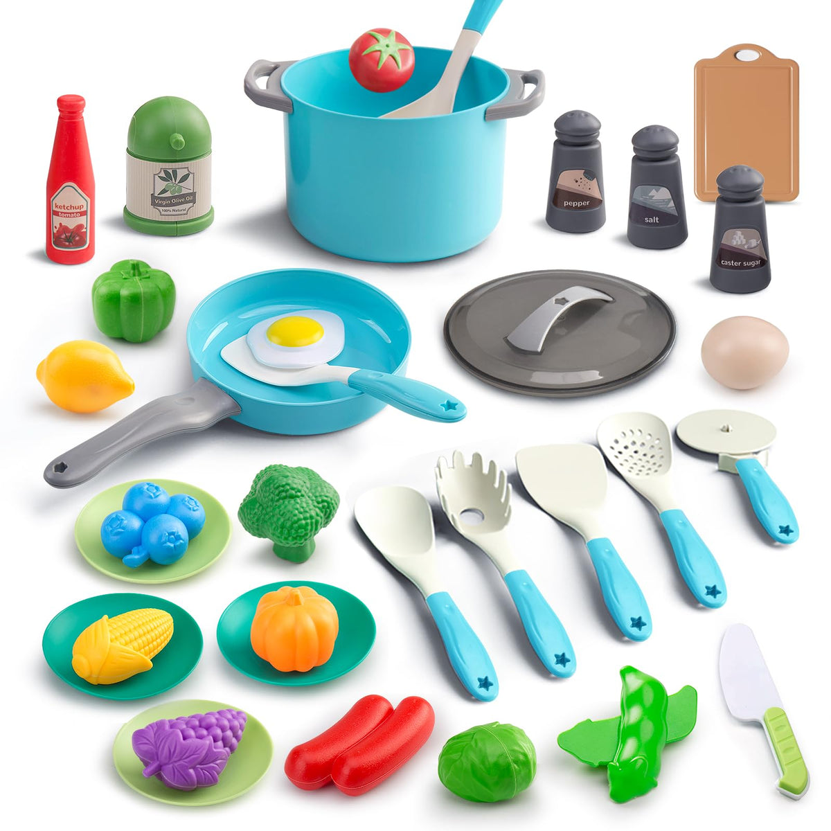 JOKERKING 35Pcs Kids Kitchen Toy Set Turquoise – Pretend Play Pots, Pans, Utensils & Food