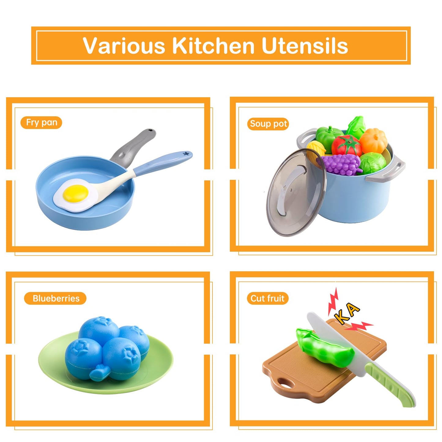JOKERKING 35-Piece Kids Kitchen Toy Set — Pretend Play Pots, Pans, Utensils & Food (Blue)