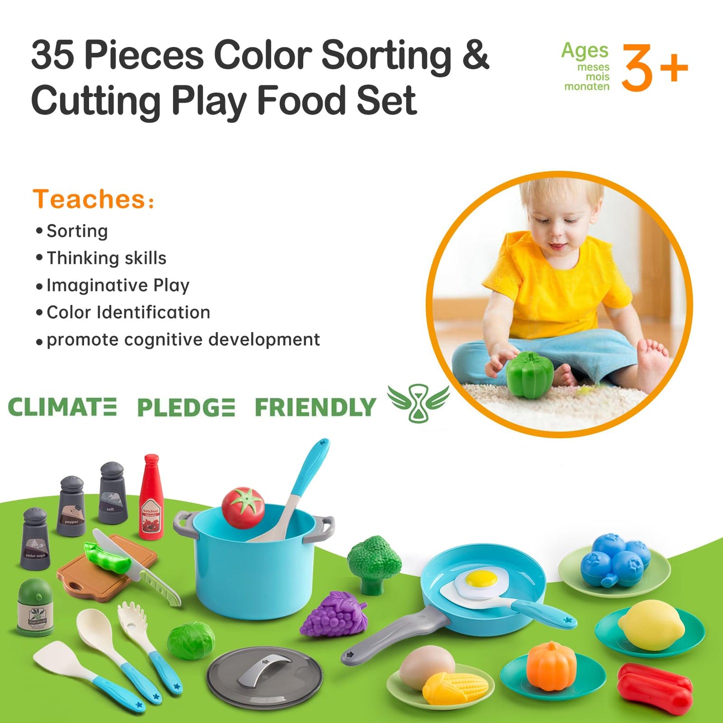 JOKERKING 35-Piece Kids Kitchen Toy Set — Pretend Play Pots, Pans, Utensils & Food (Blue)