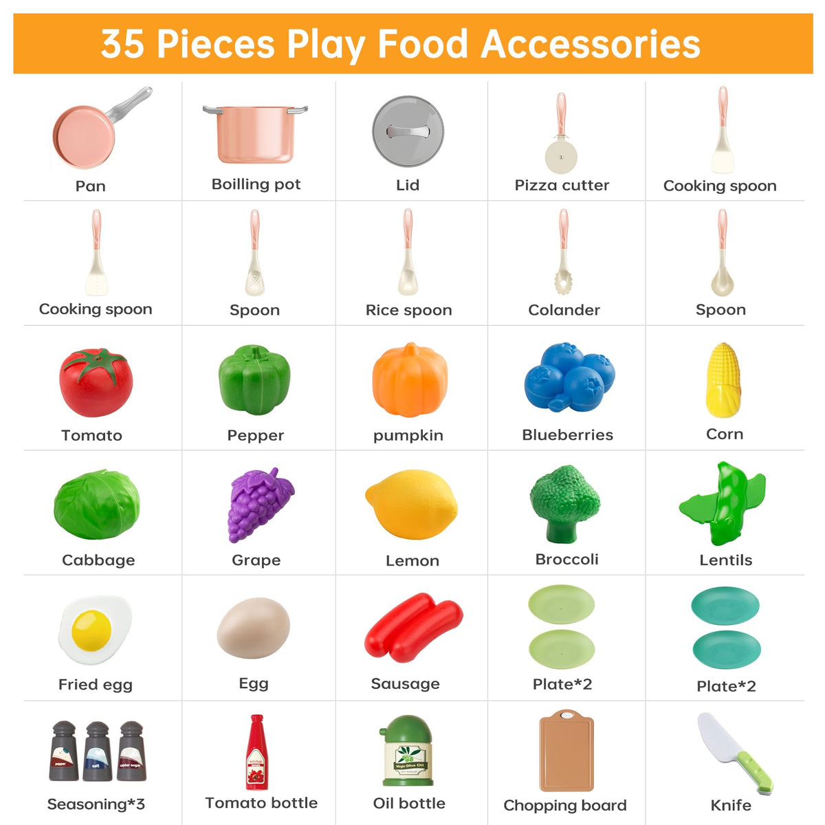JokerKing 35-Piece Kids Kitchen Toy Set – Pink Pots, Pans & Utensils