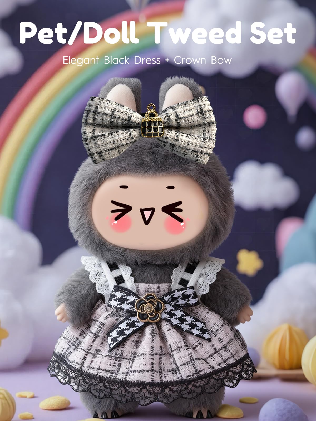 JOKERKING Clothes for LABUBU 6.7in Doll — Cute Dress & Hairpin Set (Black/White)