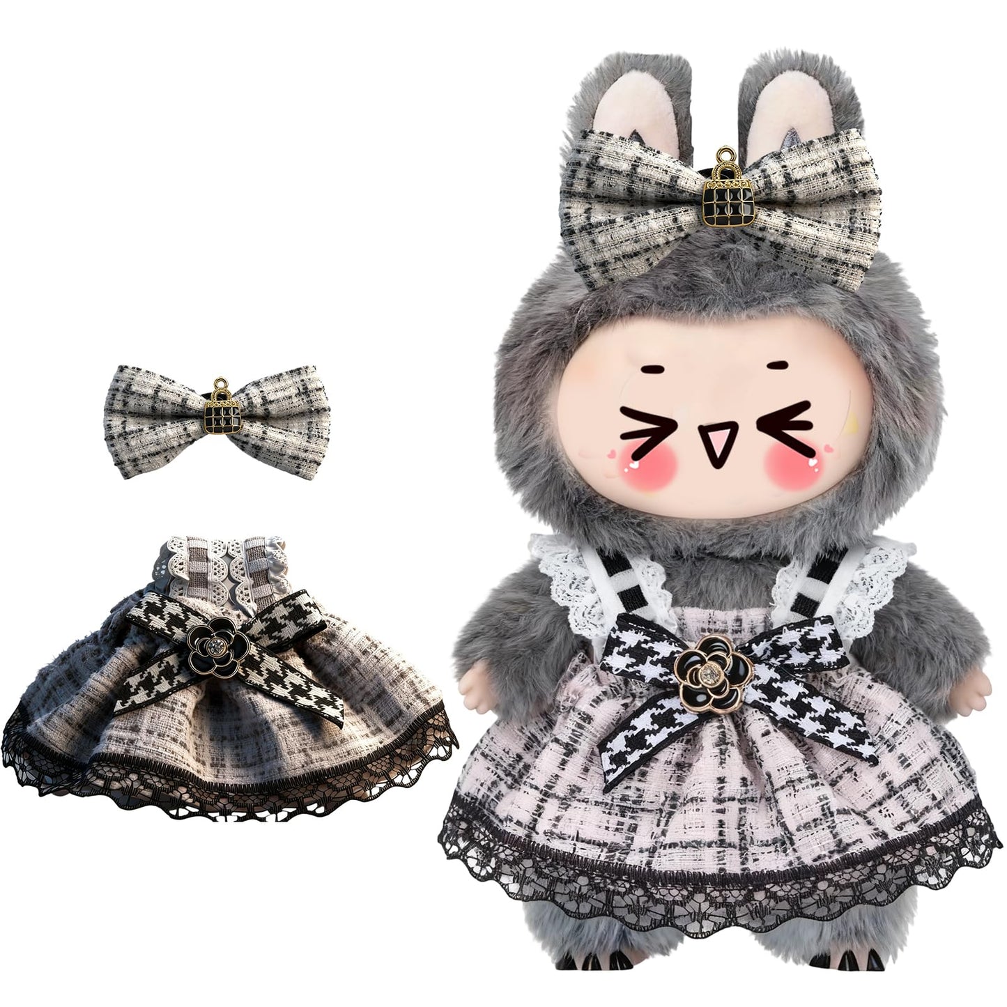 JOKERKING Clothes for LABUBU 6.7in Doll — Cute Dress & Hairpin Set (Black/White)