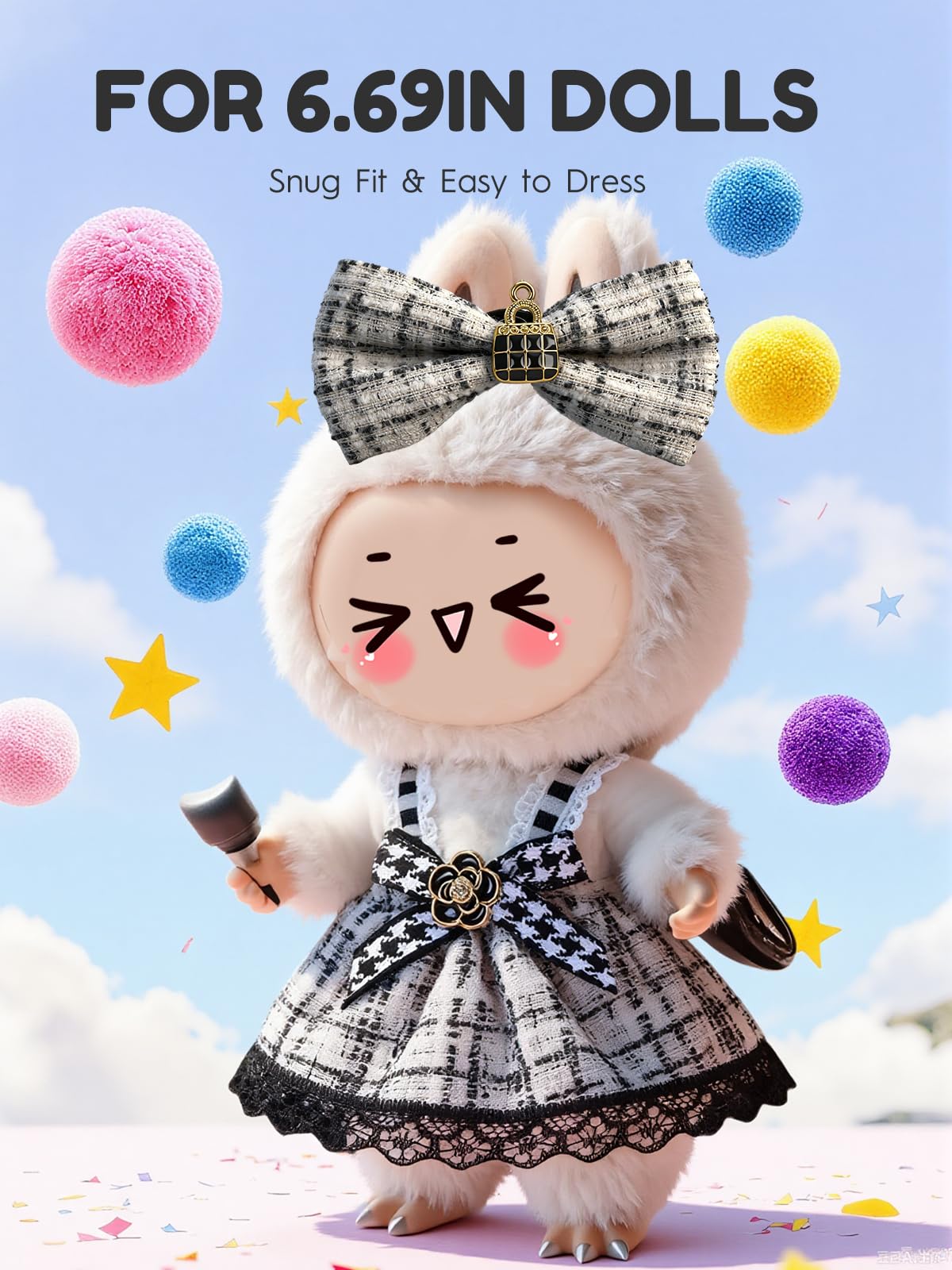 JOKERKING Clothes for LABUBU 6.7in Doll — Cute Dress & Hairpin Set (Black/White)