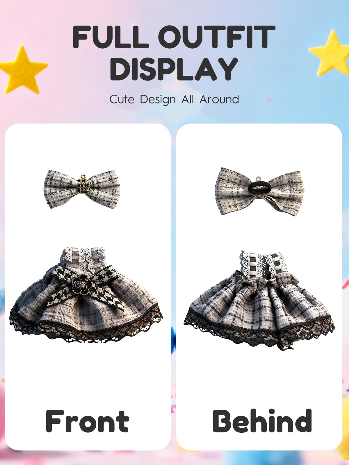 JOKERKING Clothes for LABUBU 6.7in Doll — Cute Dress & Hairpin Set (Black/White)