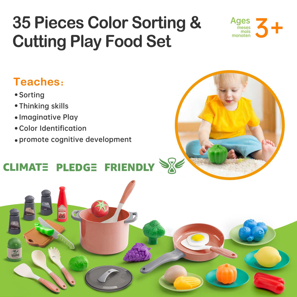 JokerKing 35-Piece Kids Kitchen Toy Set – Pink Pots, Pans & Utensils