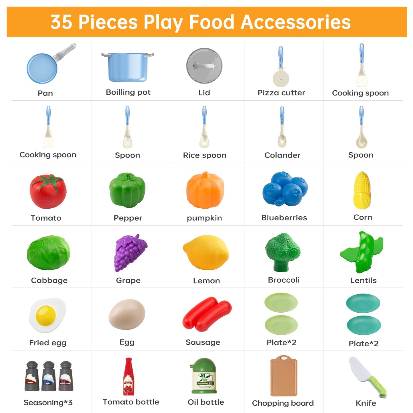 JOKERKING 35-Piece Kids Kitchen Toy Set — Pretend Play Pots, Pans, Utensils & Food (Blue)