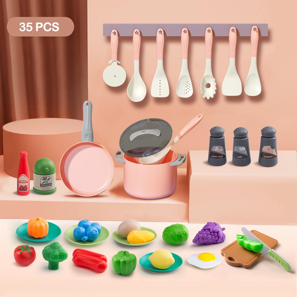 JokerKing 35-Piece Kids Kitchen Toy Set – Pink Pots, Pans & Utensils