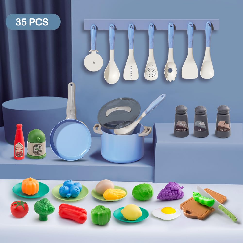 JOKERKING 35-Piece Kids Kitchen Toy Set — Pretend Play Pots, Pans, Utensils & Food (Blue)