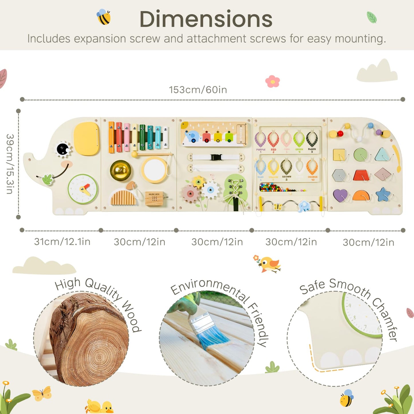 Jolie Vallée Toys & Home – Elephant Activity Wall Busy Board Panels | Wooden Montessori Sensory Wall Panel for Kids