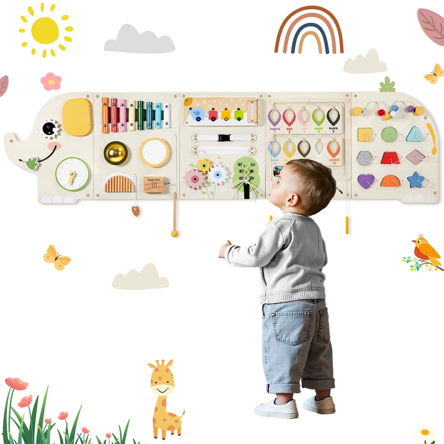 Jolie Vallée Toys & Home – Elephant Activity Wall Busy Board Panels | Wooden Montessori Sensory Wall Panel for Kids