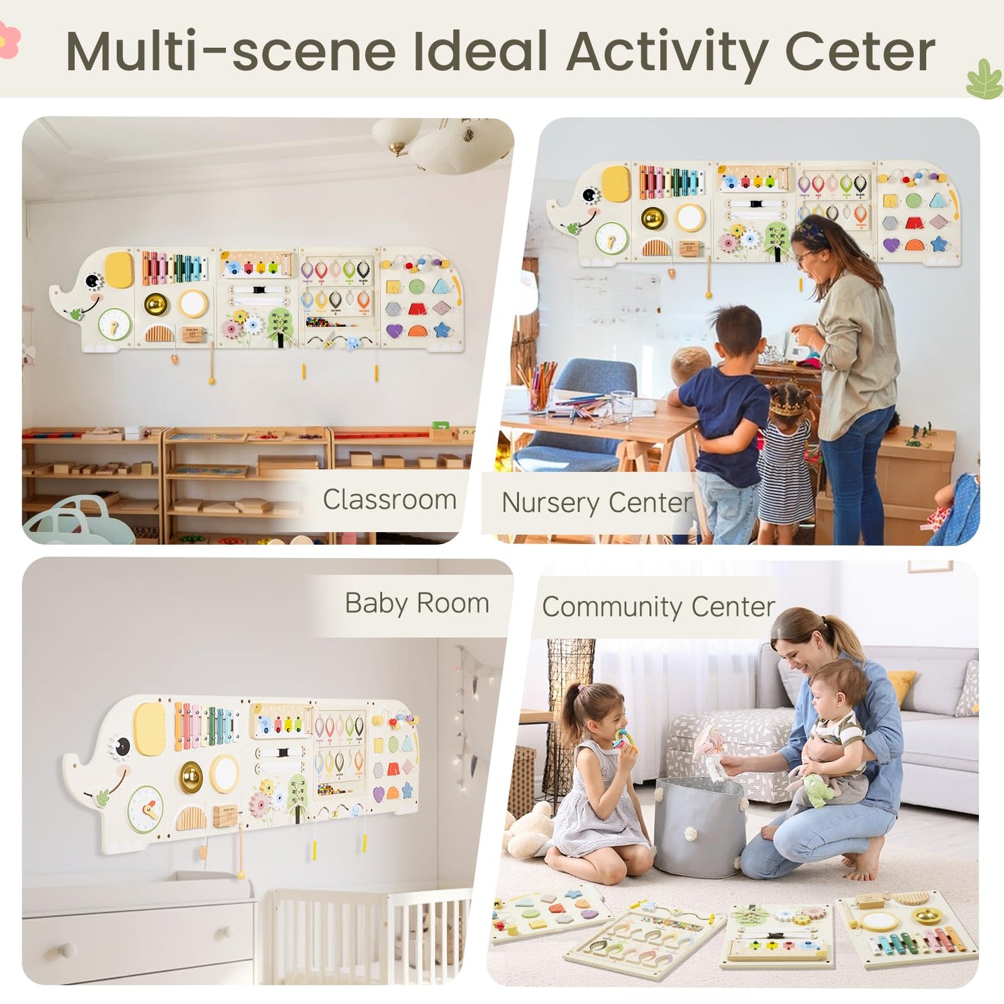 Jolie Vallée Toys & Home – Elephant Activity Wall Busy Board Panels | Wooden Montessori Sensory Wall Panel for Kids