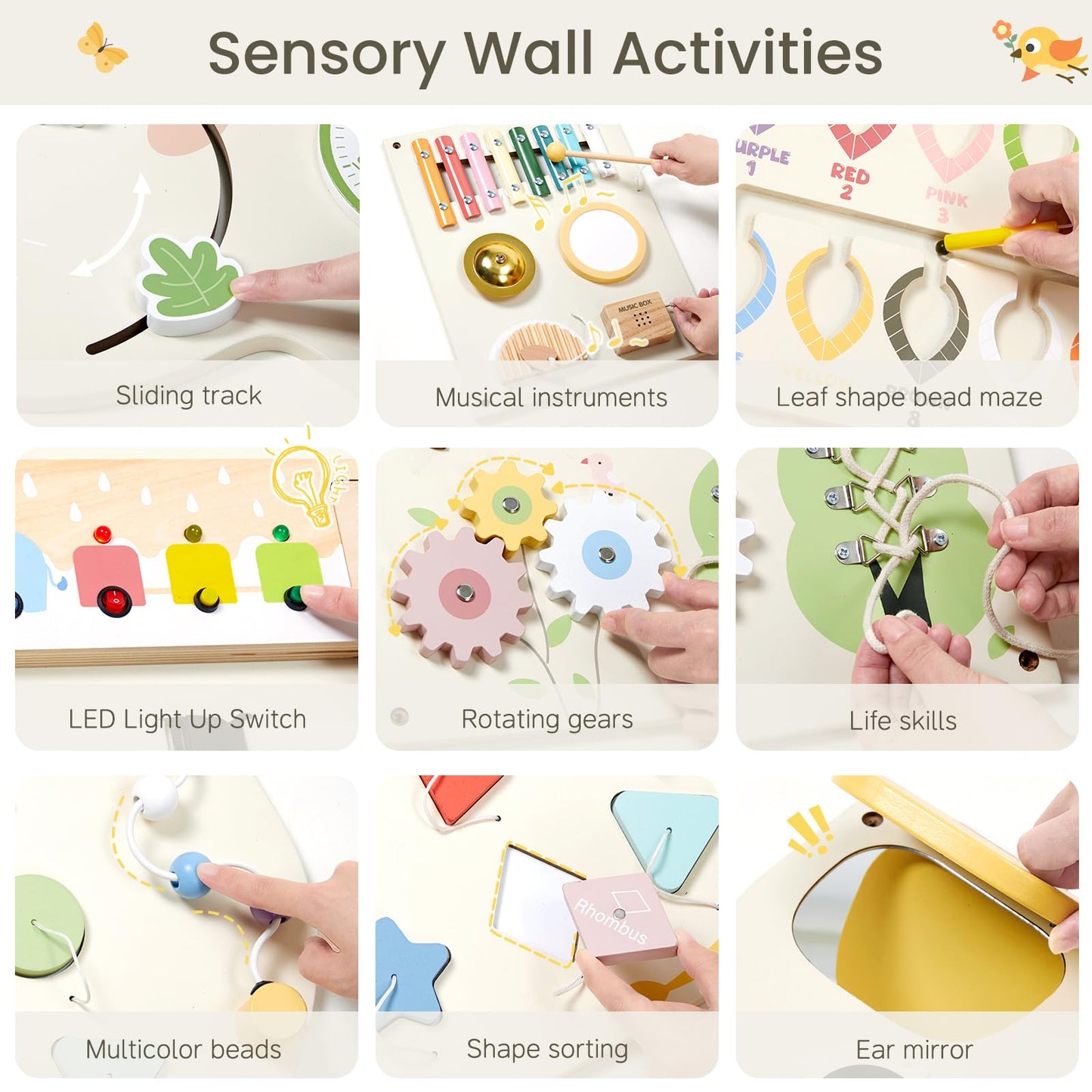 Jolie Vallée Toys & Home – Elephant Activity Wall Busy Board Panels | Wooden Montessori Sensory Wall Panel for Kids