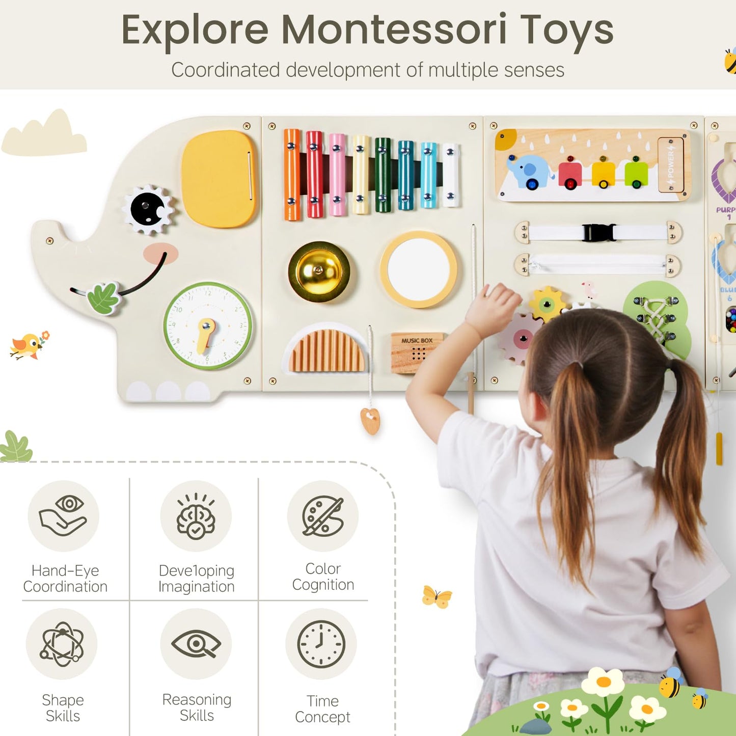 Jolie Vallée Toys & Home – Elephant Activity Wall Busy Board Panels | Wooden Montessori Sensory Wall Panel for Kids