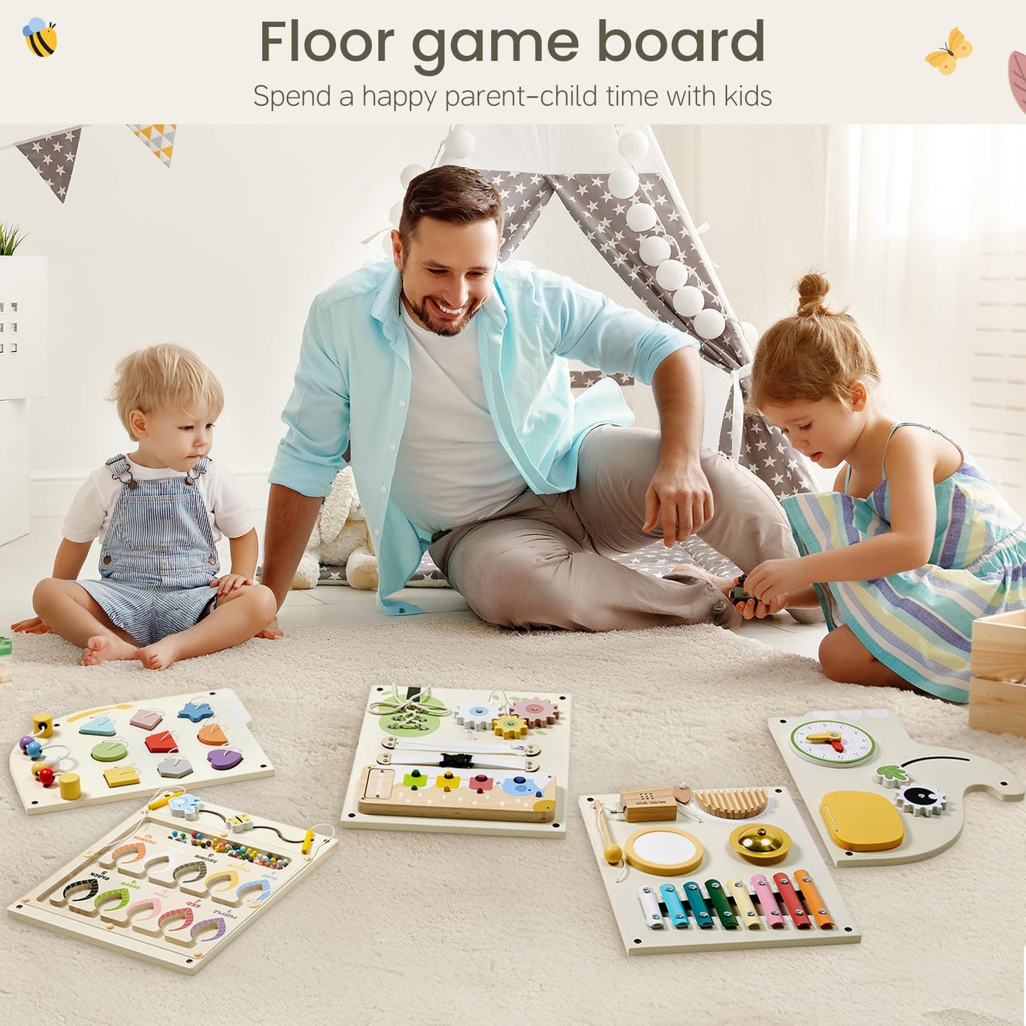 Jolie Vallée Toys & Home – Elephant Activity Wall Busy Board Panels | Wooden Montessori Sensory Wall Panel for Kids