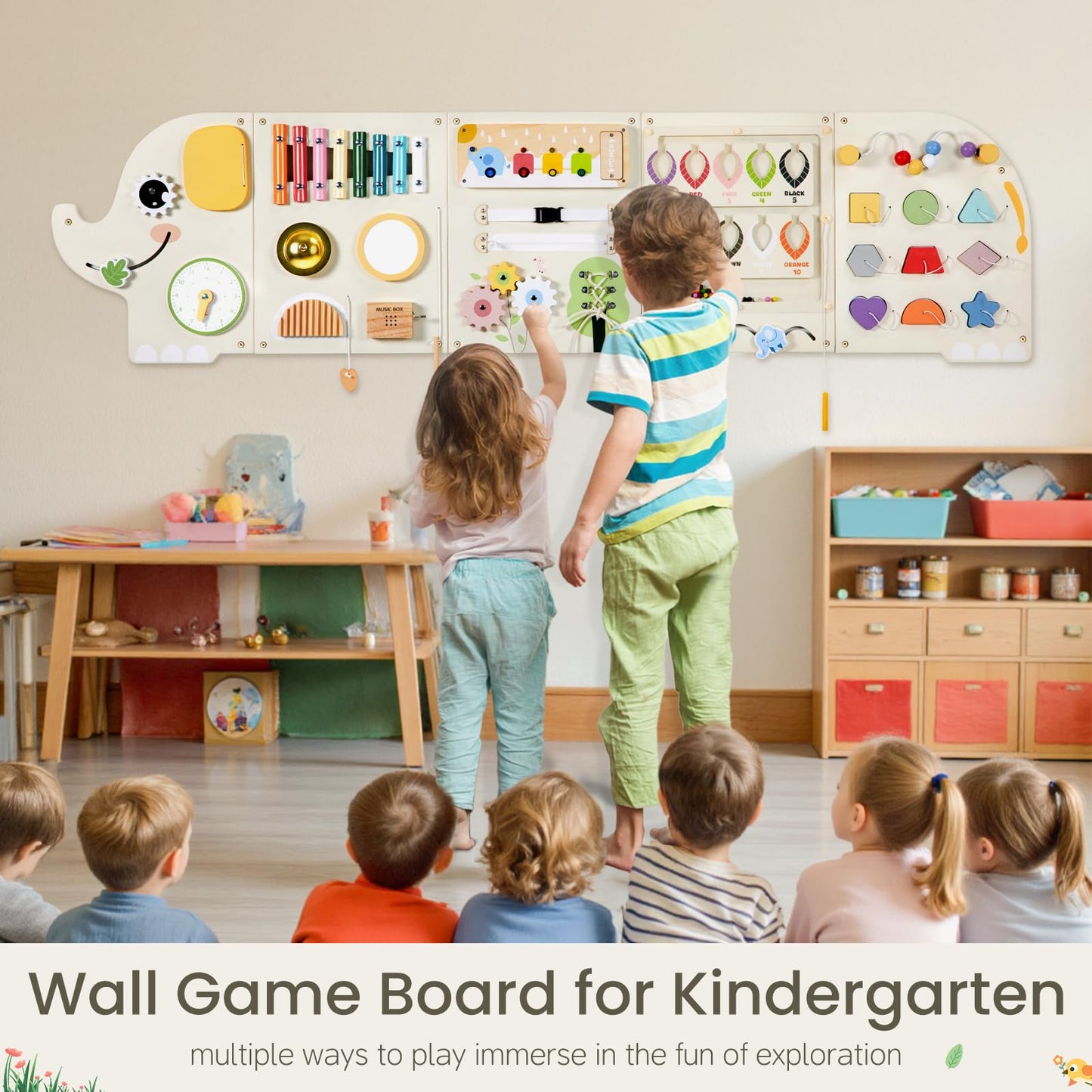 Jolie Vallée Toys & Home – Elephant Activity Wall Busy Board Panels | Wooden Montessori Sensory Wall Panel for Kids