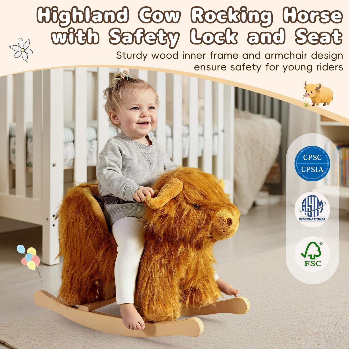 JOLIE VALLÉE TOYS & HOME – Highlander Cattle Wooden Baby Rocking Horse for Toddlers