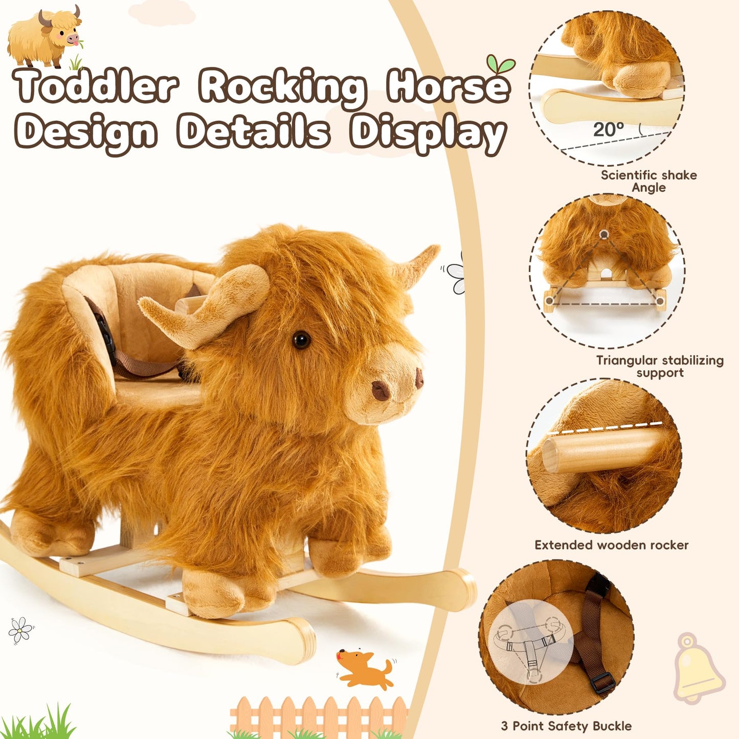 JOLIE VALLÉE TOYS & HOME – Highlander Cattle Wooden Baby Rocking Horse for Toddlers