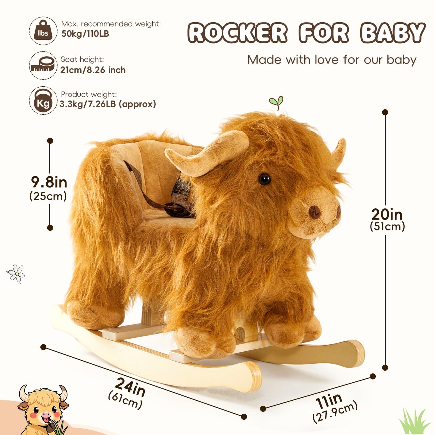 JOLIE VALLÉE TOYS & HOME – Highlander Cattle Wooden Baby Rocking Horse for Toddlers