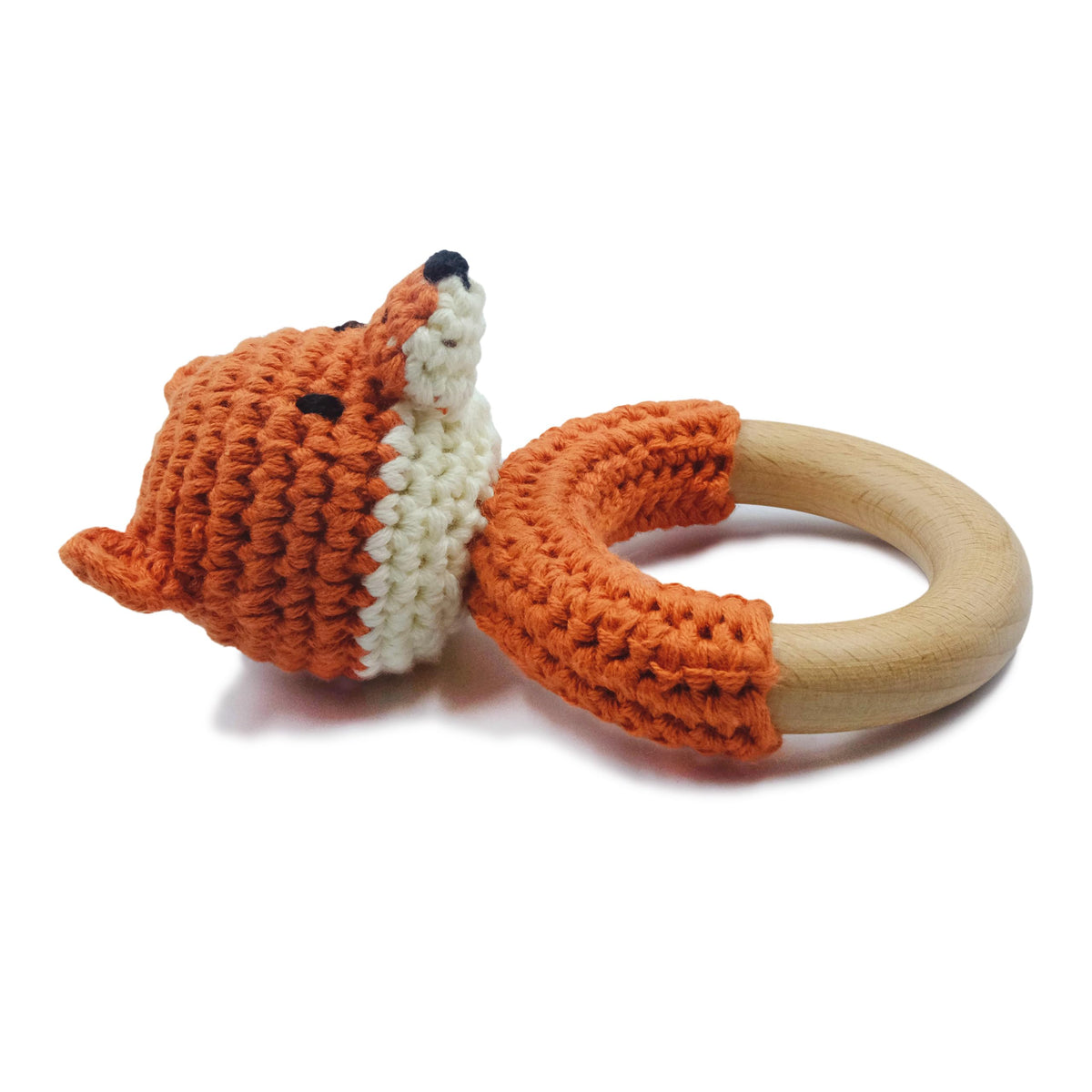 Joliecraft Safari Fox Wooden Baby Rattle – Crochet Teether Ring for Newborns