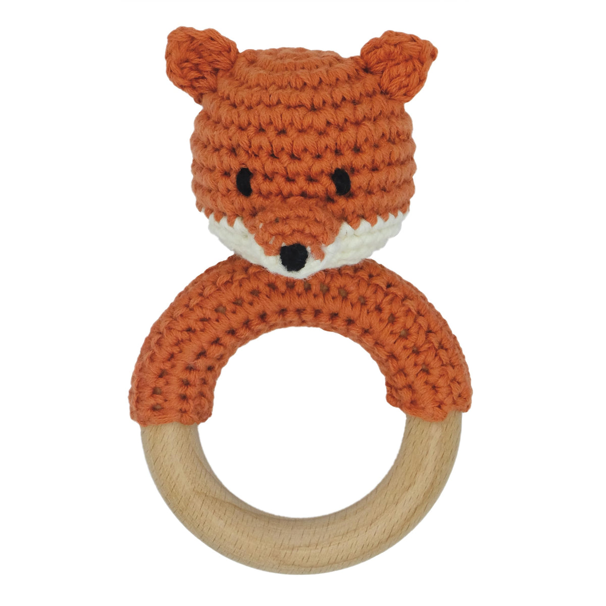 Joliecraft Safari Fox Wooden Baby Rattle – Crochet Teether Ring for Newborns