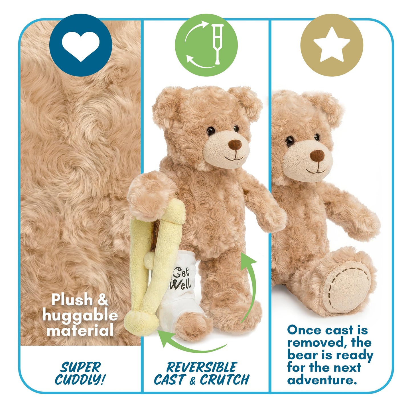 Jolitee Broken Leg Teddy Bear with Reversible Cast & Crutch – 10.5 in Get Well Gift