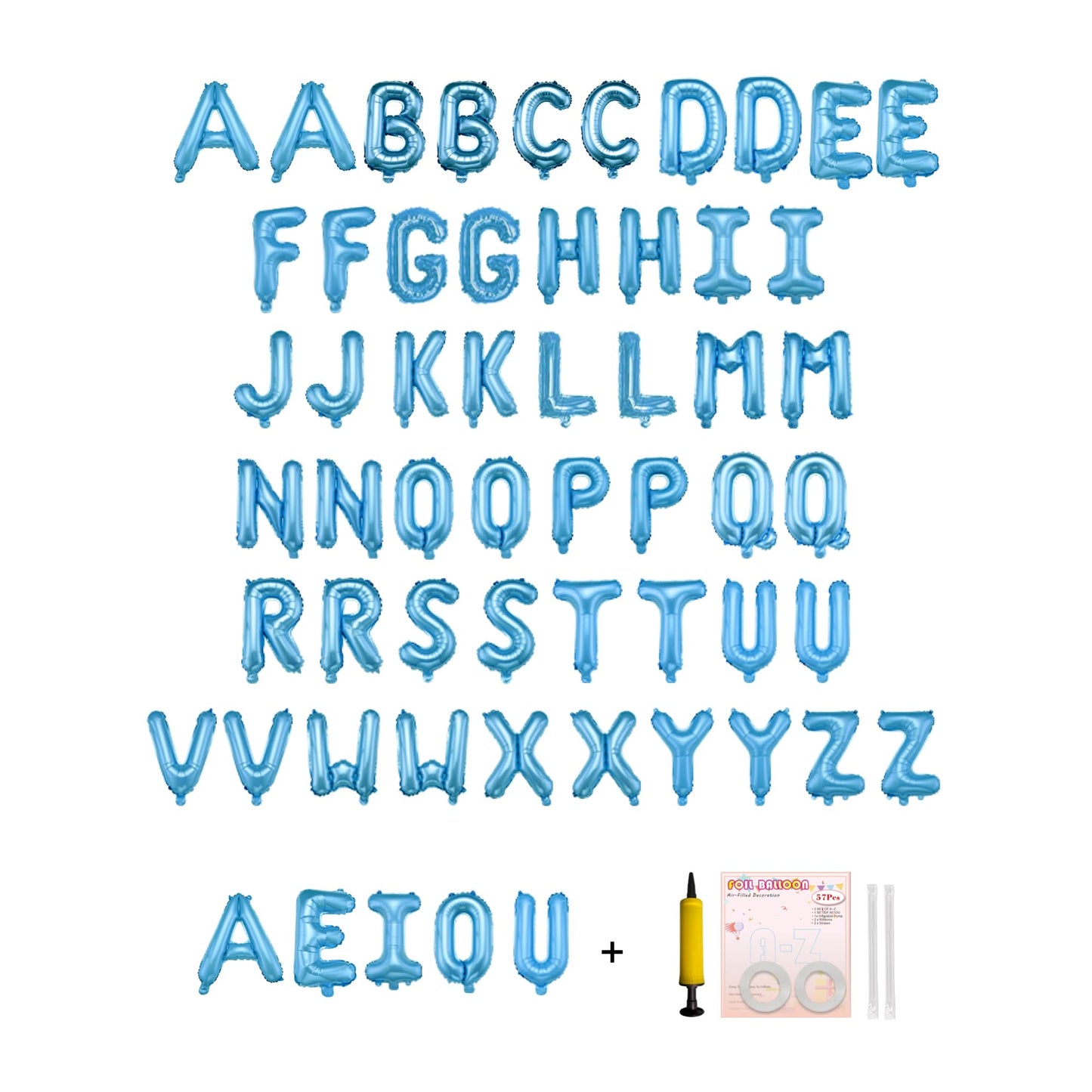 Jolixiraz 58 PCS Alphabet Balloons A-Z & AEIOU, 16-Inch Baby Blue Mylar Set for Weddings & Parties