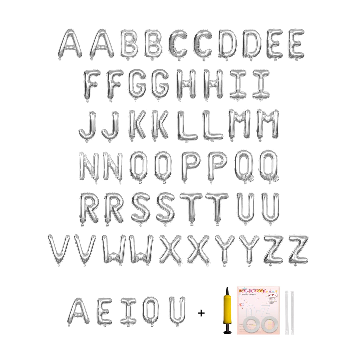 Jolixiraz 58 Pcs Alphabet Balloons A-Z & AEIOU, 16-Inch Silver Mylar Set for Weddings & Birthdays