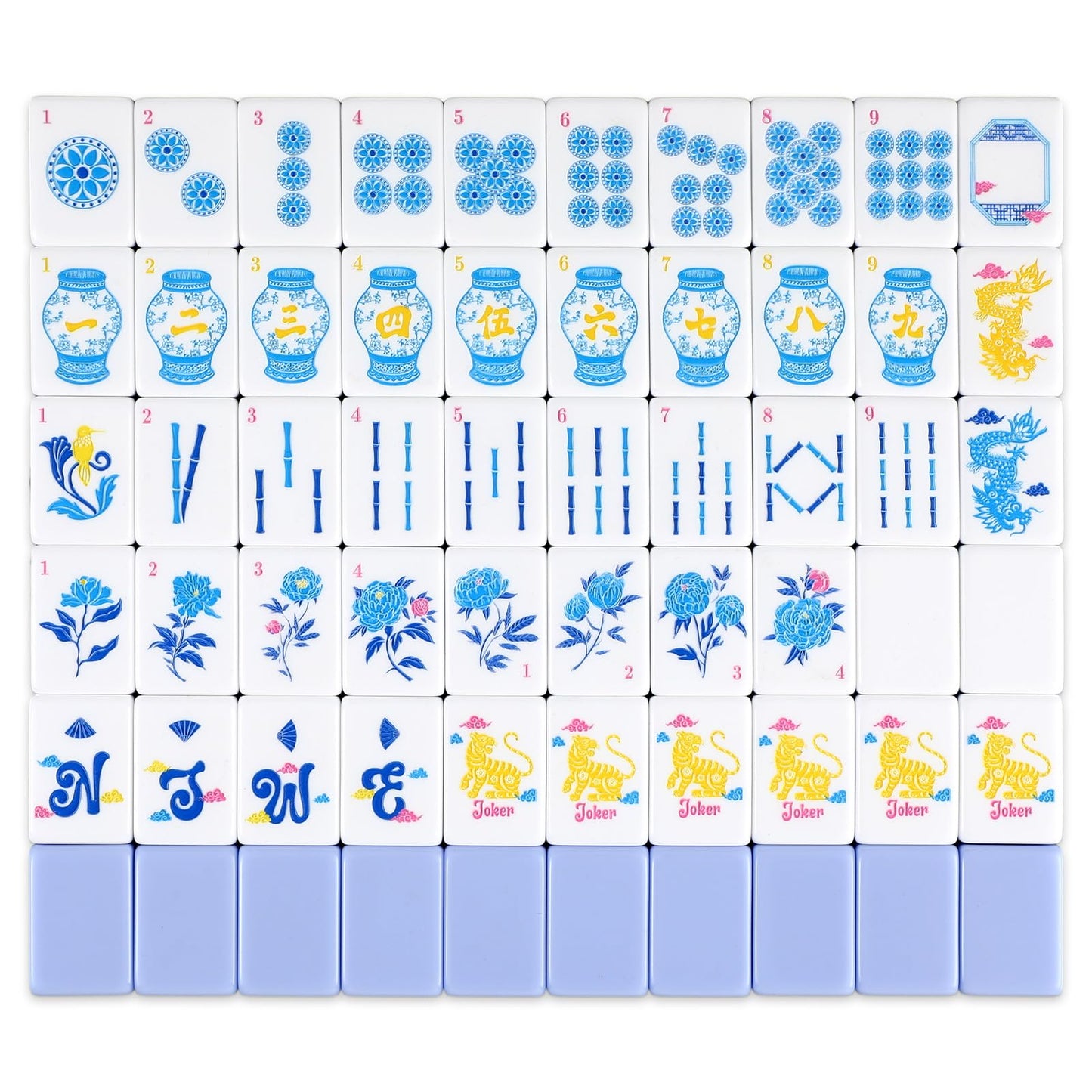 JolliLudo Chinoiserie Mahjong Tile Set with Carrying Bag – 160 Blue Acrylic Engraved Tiles for Adult Play