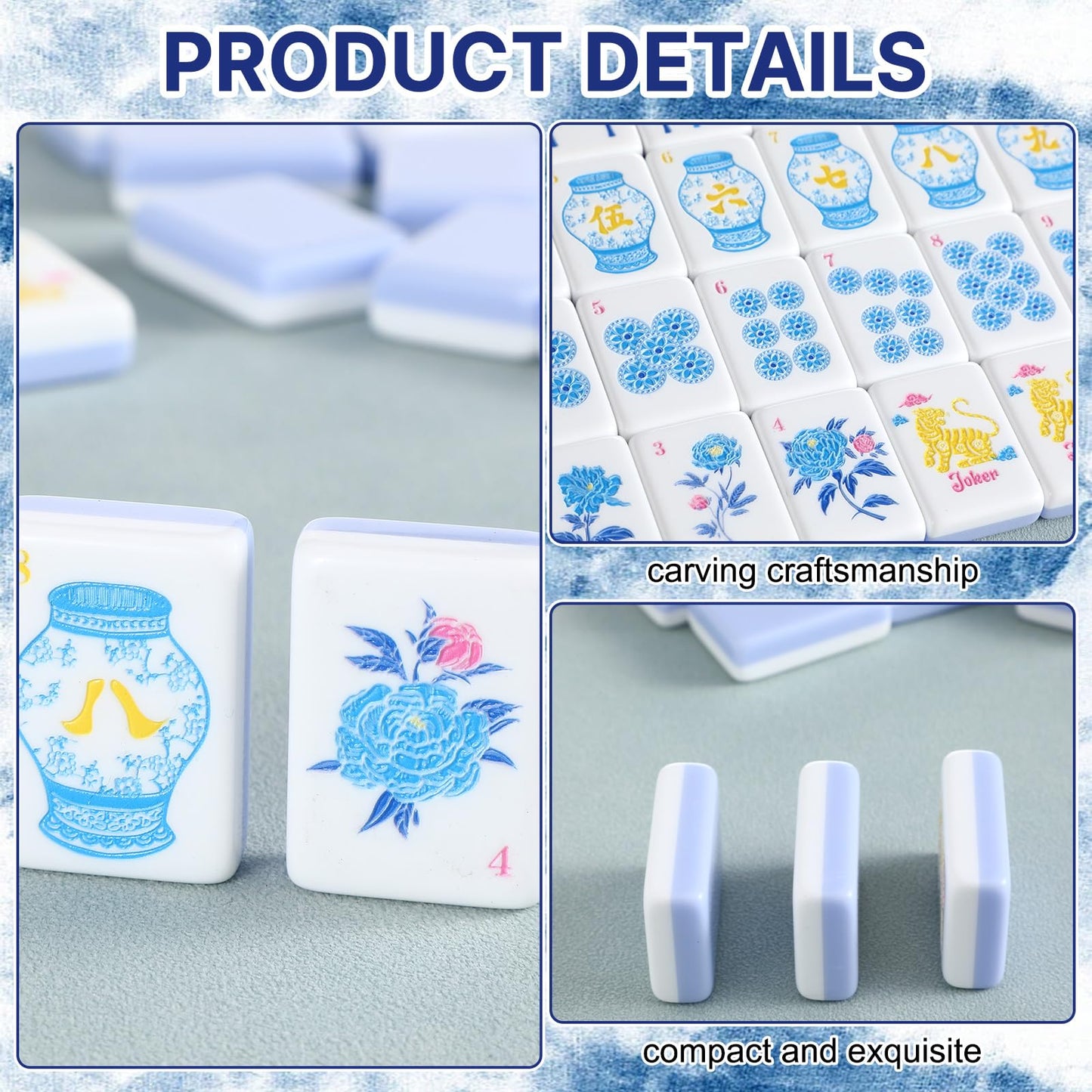 JolliLudo Chinoiserie Mahjong Tile Set with Carrying Bag – 160 Blue Acrylic Engraved Tiles for Adult Play