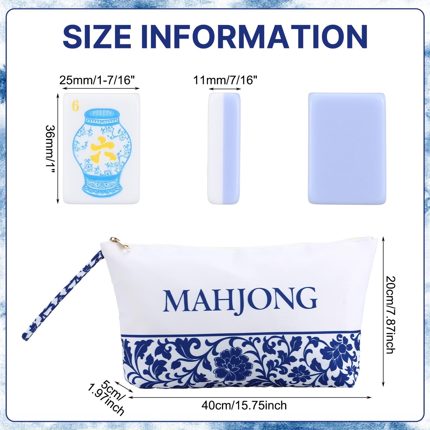 JolliLudo Chinoiserie Mahjong Tile Set with Carrying Bag – 160 Blue Acrylic Engraved Tiles for Adult Play