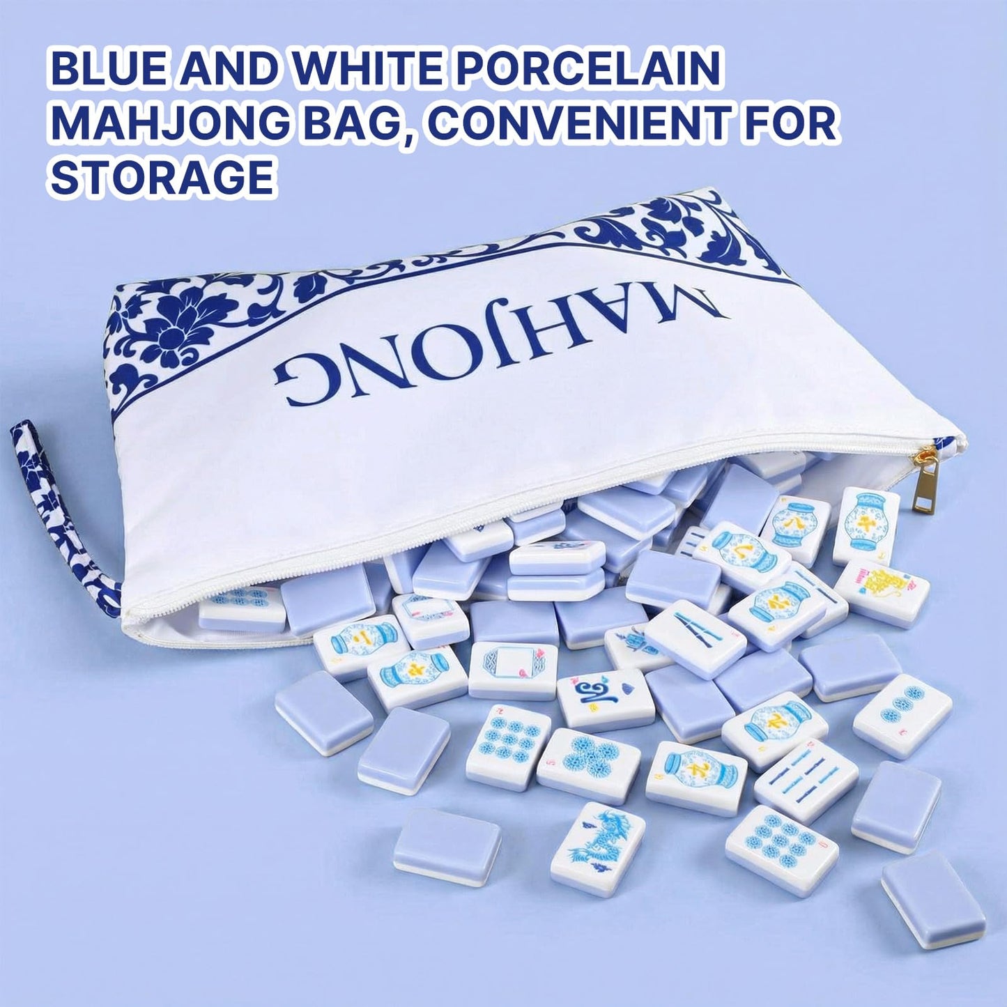JolliLudo Chinoiserie Mahjong Tile Set with Carrying Bag – 160 Blue Acrylic Engraved Tiles for Adult Play