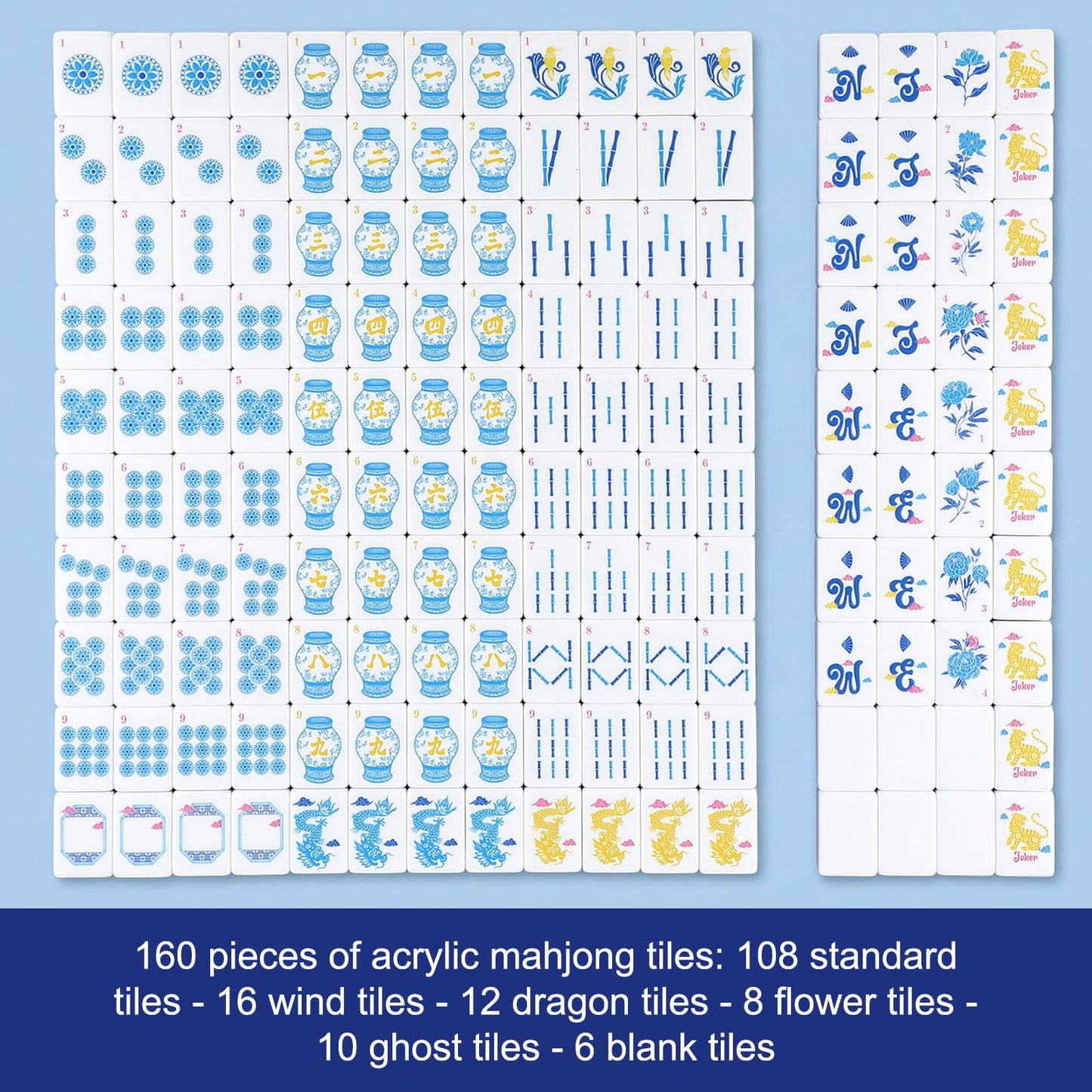 JolliLudo Chinoiserie Mahjong Tile Set with Carrying Bag – 160 Blue Acrylic Engraved Tiles for Adult Play