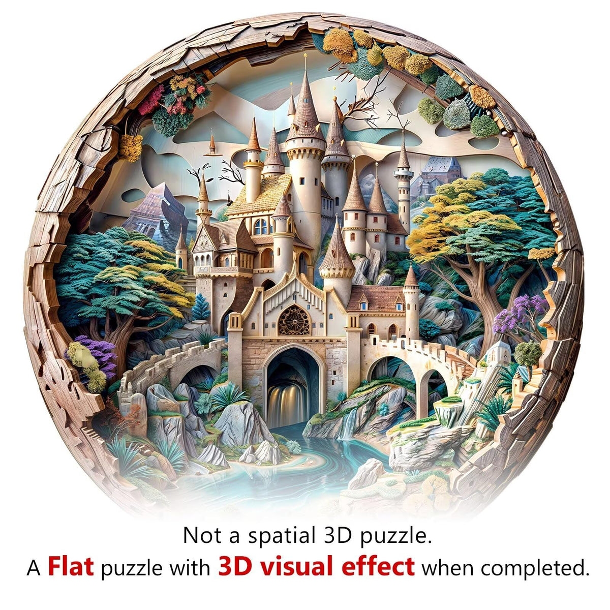 Jollitot Wooden Round Castle Puzzle – 300-Piece 3D Fantasy Jigsaw, Wall Art (13.4x13.4in)