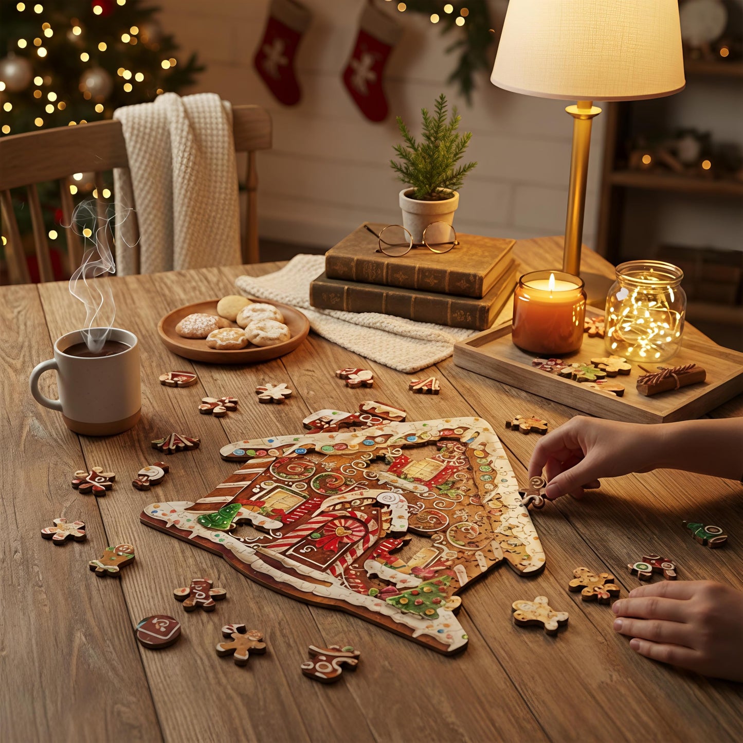 Jollitot Wooden Gingerbread House Puzzle — 185-Piece Holiday Shaped Jigsaw for Adults, Wall Decor 11.5x11 in